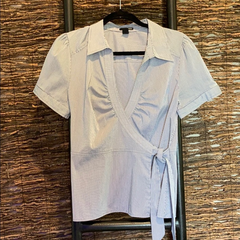 Blue and white, wrap around blouse, size 12